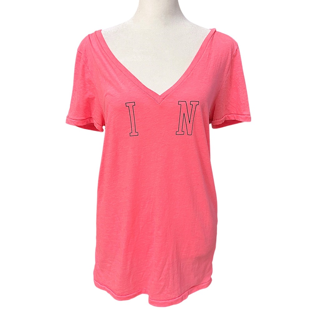 PINK Victoria's Secret T-Shirt Women M Pink Lace Back V-Neck Graphic Tee Y2K
